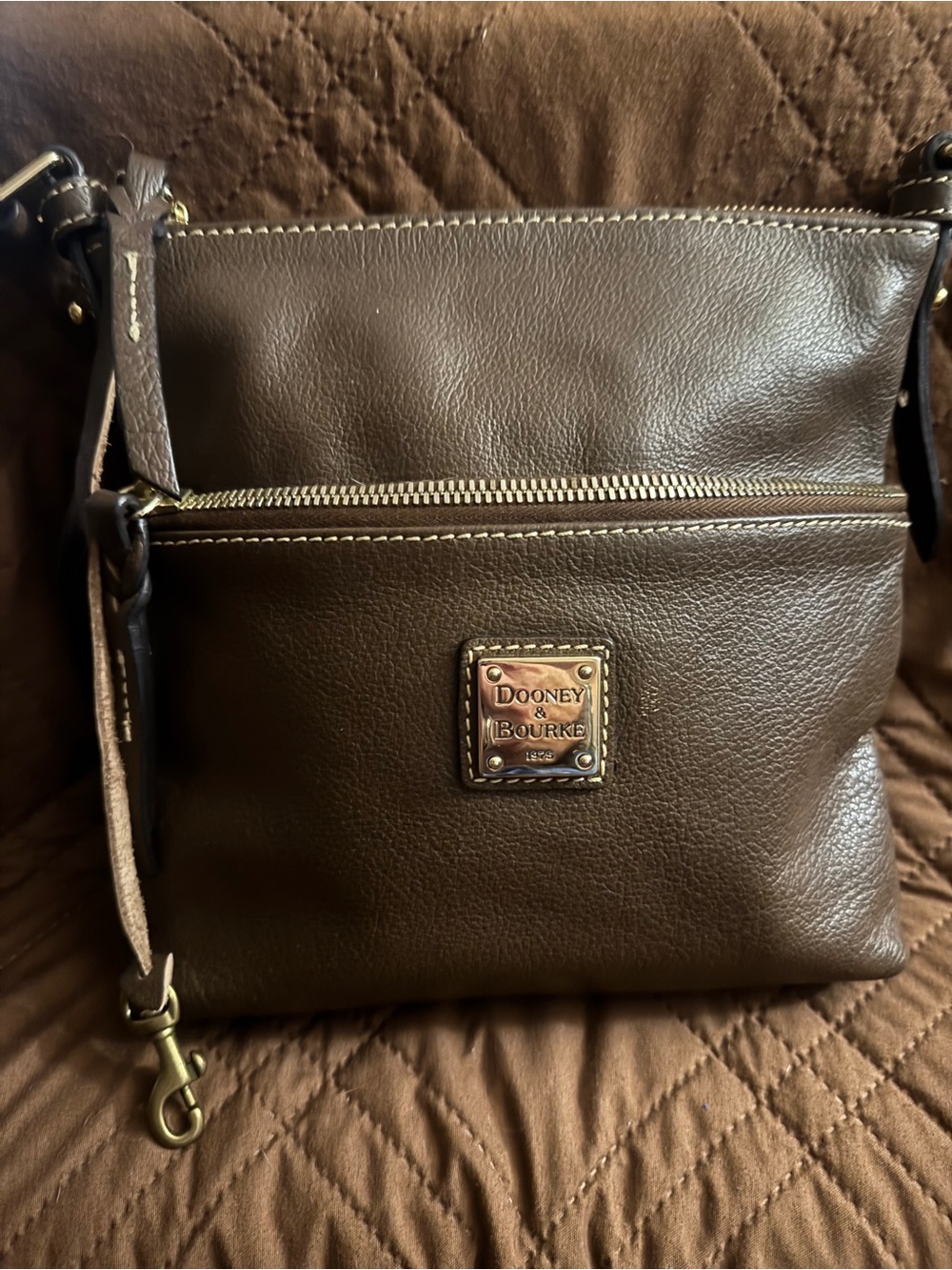 Dooney & Bourke Dark Brown Leather Crossbody with Brass Logo Plaque